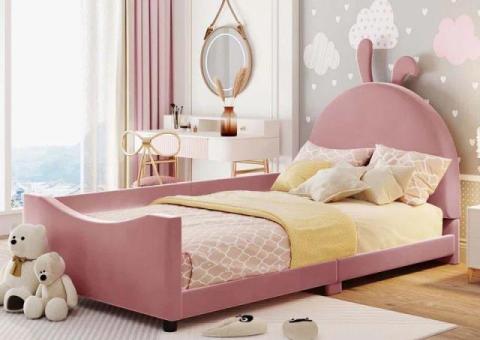 Olear Kids Upholstered Day Bed With Rabbit Ear Shaped Headboard Pink Velvet Fabric Bed