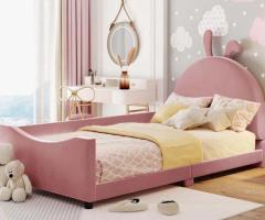 Olear Kids Upholstered Day Bed With Rabbit Ear Shaped Headboard Pink Velvet Fabric Bed