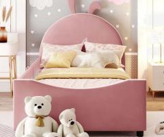 Olear Kids Upholstered Day Bed With Rabbit Ear Shaped Headboard Pink Velvet Fabric Bed - 2/3