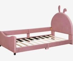 Olear Kids Upholstered Day Bed With Rabbit Ear Shaped Headboard Pink Velvet Fabric Bed - 3/3